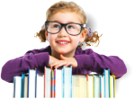 Little girl leaning on books